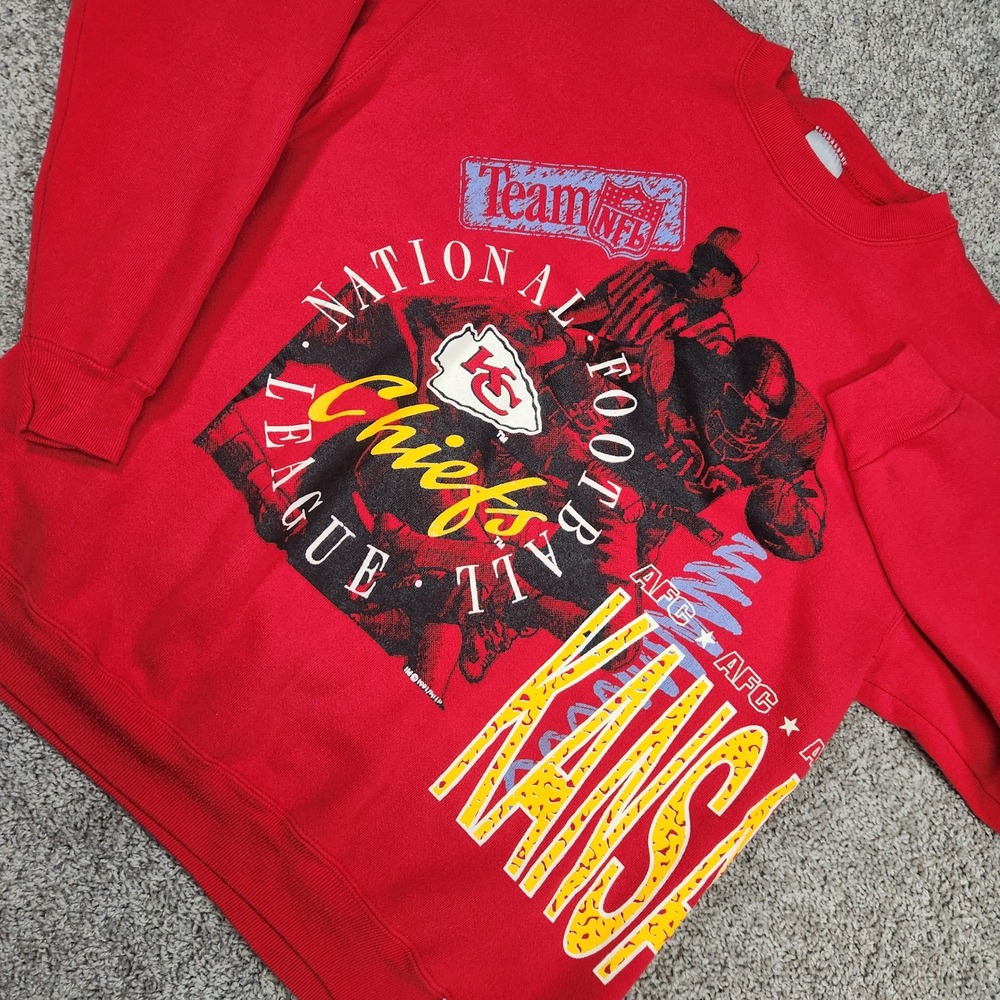Vintage Kansas City Chiefs Sweatshirt Men L Red 90s AOP Wrap Around SCrewneck